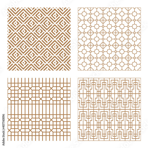 Set geometric asian abstract seamless vector pattern including traditional korean or chinese motive with typical lines and elements