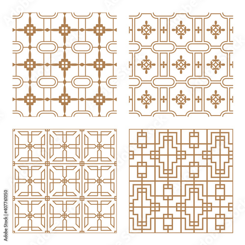 Set geometric asian abstract seamless vector pattern including traditional korean or chinese motive with typical lines and elements