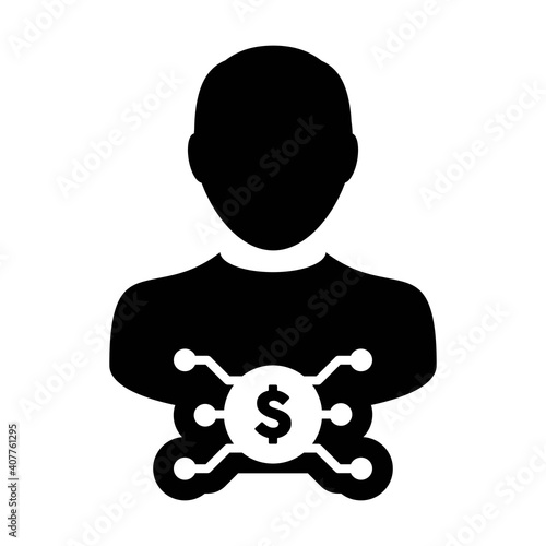Money icon vector digital dollar currency with male user person profile avatar for digital wallet in a glyph pictogram illustration