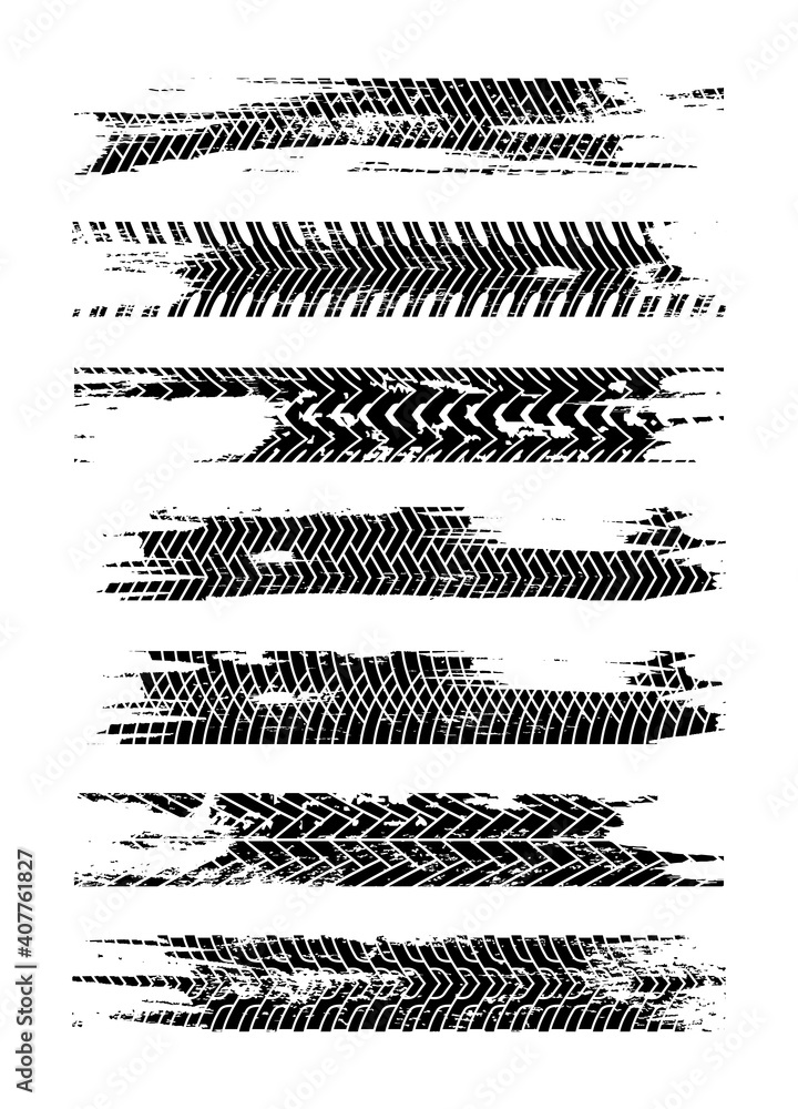 Obraz premium Black tire track silhouette set. Grunge tire track isolated on white background. Tire track with ink blots. Tire track road splatter wallpaper.