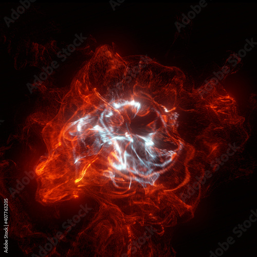 Abstract Pulsing fiery red particles flowing with fluid motion effect. 3D render