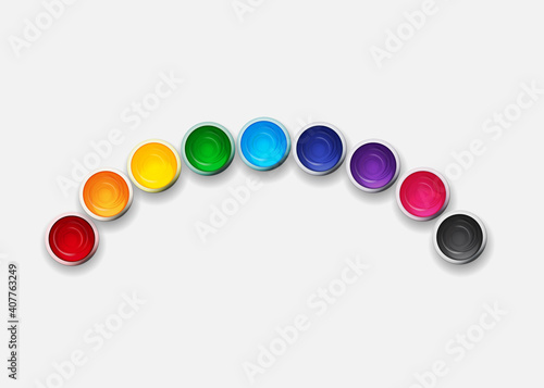 Tins with gouache, acrylic paint collection set in rainbow colours. Design elements for art background. Vector Illustration EPS10