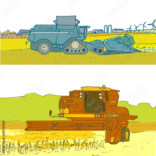 A set of banners with tCombine harvester working in the field. Harvest, harvest, field with ears of corn. Agricultural illustration in the style of a sketch.