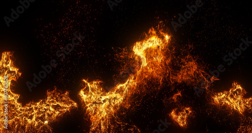 fire in the night. Stylized flames and particle background. 3D render