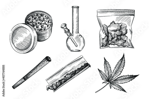 Hand drawn sketch set of Weed smoking tools. Marijuana smoking. Weed grinder, Marijuana Leaf, Glass bong, weed pocket, rolling marijuana blunt; marijuana blunt; rolled cannabis, cigarette