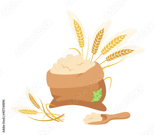 Bag of flour and wheat ears, wooden scoop, cartoon composition. Heap flour, gold grain spikelets. Harvest agricultural flour production. Bread and harvest design farm, organic packaging label vector