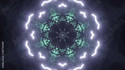 Illustration of geometric shapes of white and greena glowing lights with a kaleidoscope pattern photo