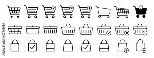 Set of shopping basket icons and shopping bag. Vector illustration.