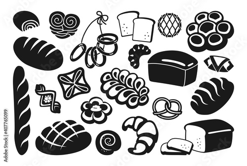 Bread black glyph icon set. Rye, whole grain and wheat loaf bread, pretzel, muffin, croissant, french baguette. Baked goods, menu bakery pastry. Vintage vector illustration