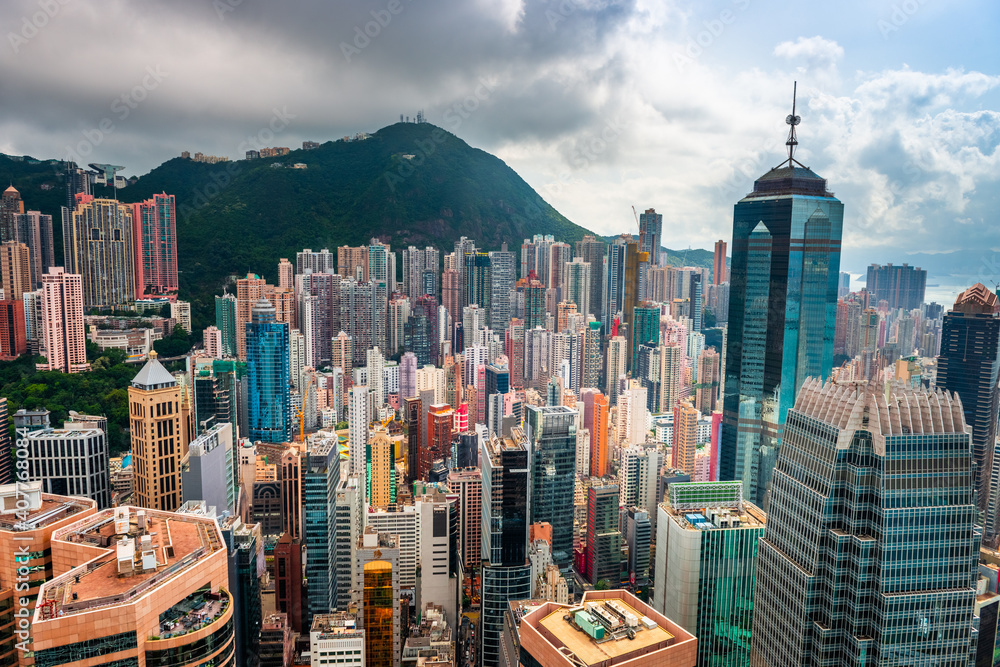 Hong Kong, China aerial view of the cityscape at Victoria Peak
