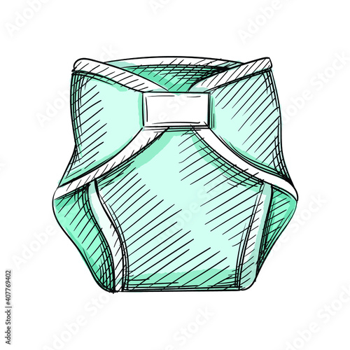 Watercolor colorful Hand drawn sketch of diapers on a white background.  sketch of infant diapers Baby items.	