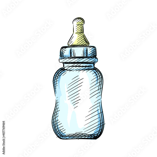 Watercolor colorful Hand drawn sketch of baby milk bottle with pacifier on a white background.  sketch of milk bottle for babies. Baby items.	
