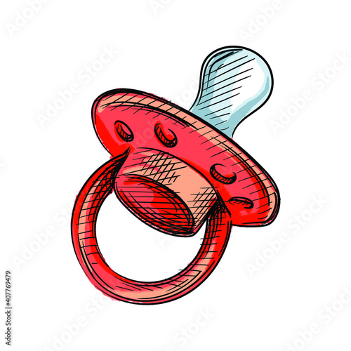 Watercolor colorful Hand drawn sketch of pacifier for babies on a white background.  sketch of pacifier, baby's dummy. Baby items.	
