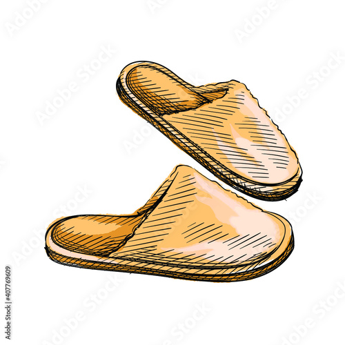 Watercolor colorfull Hand drawn sketch of yellow sleeping slippers on a white background.  sketch of slippers. Going to sleep. Sleeping set	