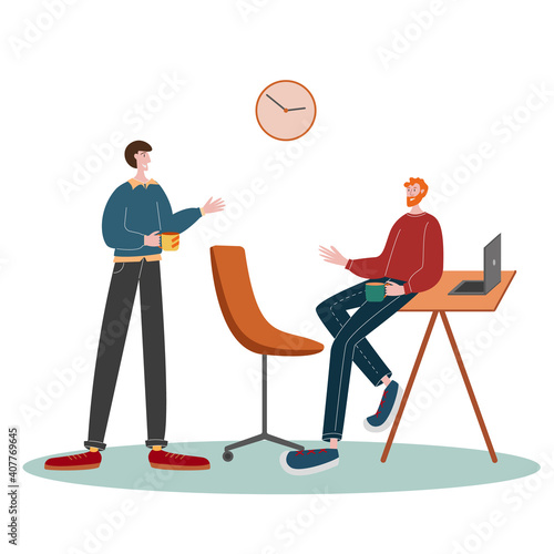 Two men office workers at coffee break. Character vector illustration. photo