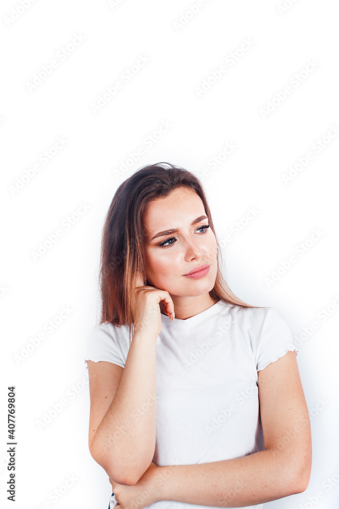 young blond woman on white backgroung gesture thumbs up, isolated emotional posing young blond woman on white backgroung gesture thumbs up, isolated emotional posing
