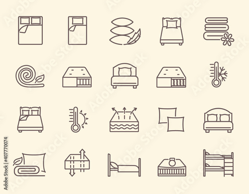 Set of linens black and white icons. Contains multilayer mattress, blanket, pillows, single and double bed, bunk bed, weather conditions and other symbols, signs and icons. Outline vector illustration