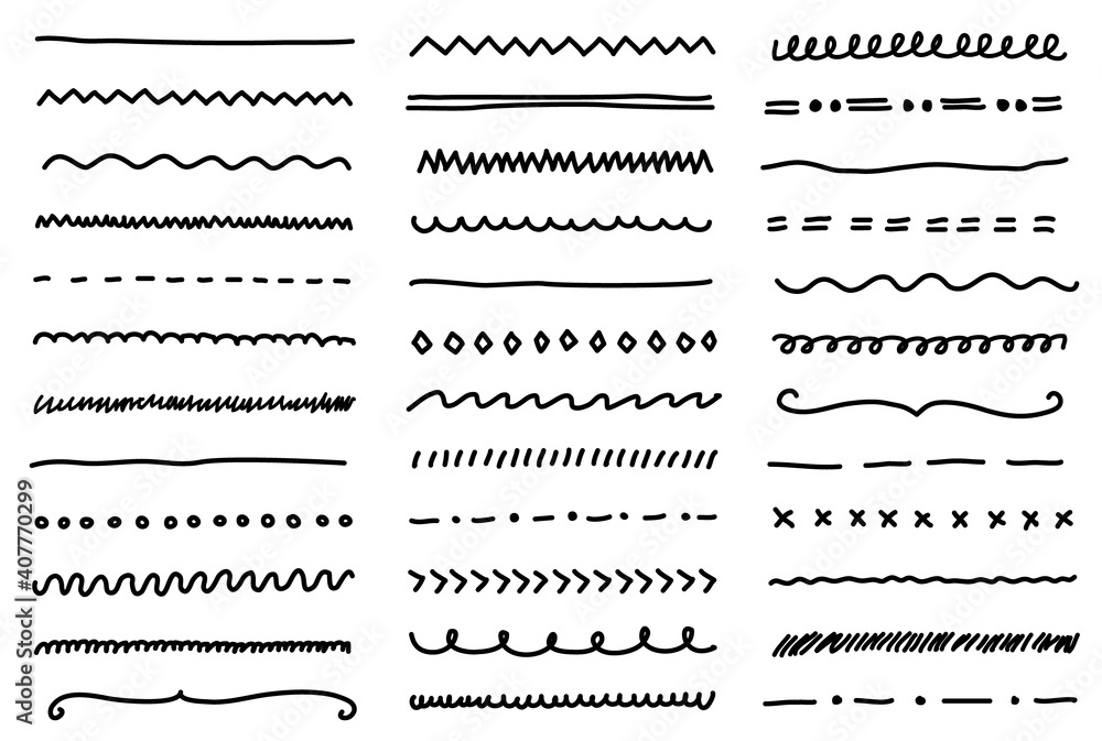 Fototapeta premium Big set of hand drawn line borders, scribble strokes and design elements. Set of outline black abd white vector illustrations isolated on white background