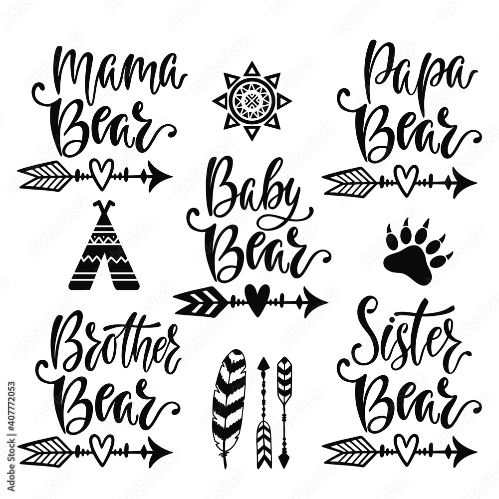 Mama, papa, baby, brother, sister bear. Hand drawn typography vector phrases. Mama, papa, baby, brother, sister bear. Hand drawn typography vector phrases.