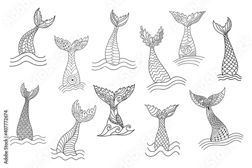 Set of hand drawn ornamental mermaid's tails. Doodle cartoon vector illustration 