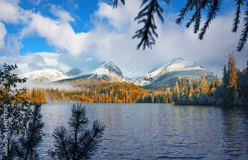 Obraz na płótnie Mountain lake Strbske pleso in National Park High Tatras at sunrise, Slovakia, Europe w salonie