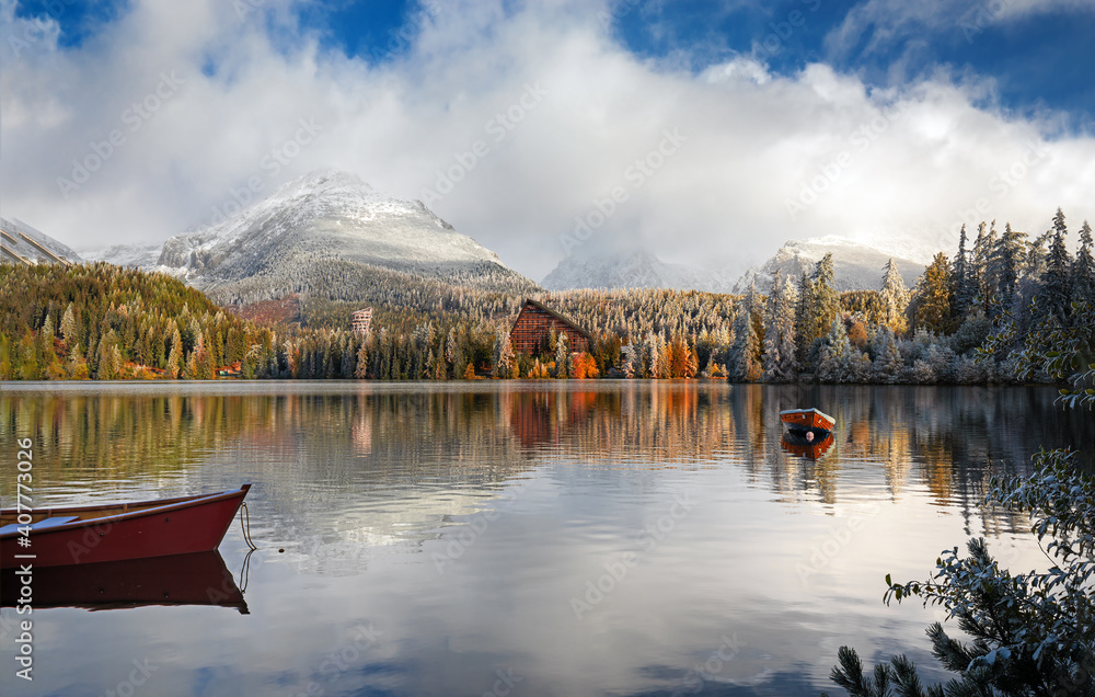 Mountain lake Strbske pleso in National Park High Tatras at sunrise, Slovakia, Europe