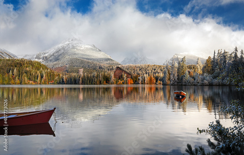 Mountain lake Strbske pleso in National Park High Tatras at sunrise, Slovakia, Europe