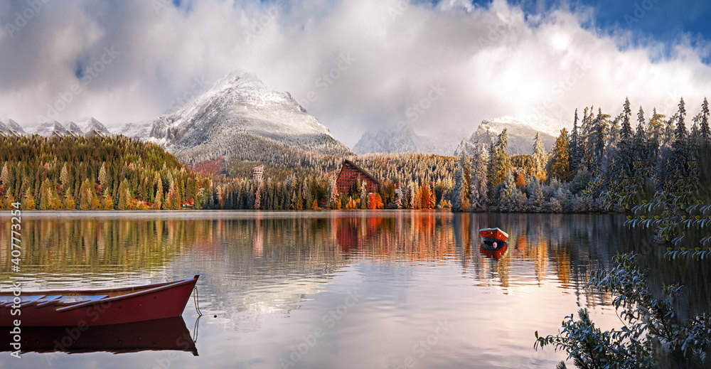 Mountain lake Strbske pleso in National Park High Tatras at sunrise, Slovakia, Europe