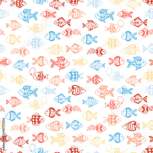 Seamless pattern with cute fishes. Vector nursery background. Childish design. 