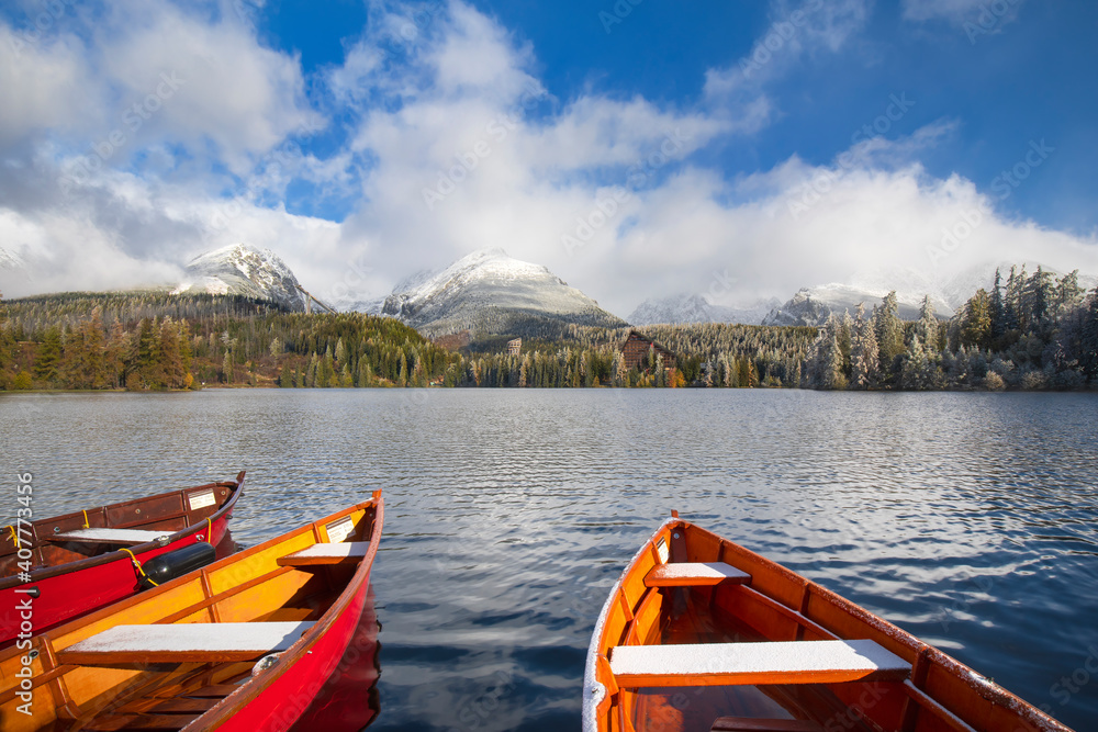 Mountain lake Strbske pleso in National Park High Tatras at sunrise, Slovakia, Europe