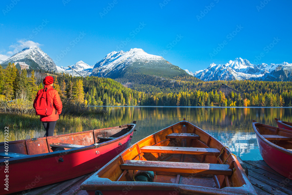 Scenic mountain lake Strbske pleso (Strbske lake) and High Tatras national park, Slovakia