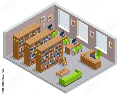 Isometric Bookshelves in the Library. Books in public library. Learning and education concept. Technology E-learning School