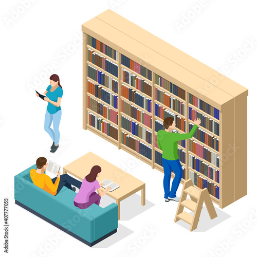 Isometric Bookshelves in the Library. Books in public library. Learning and education concept. People studying together at the library