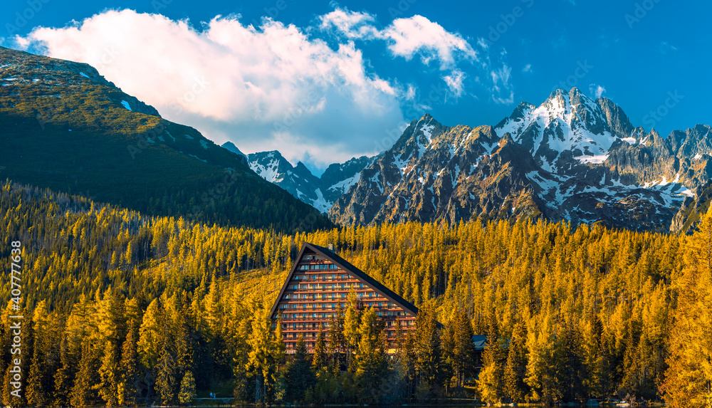 Morning relaxing view on High Tatras mountains ,National park and Strbske pleso (Strbske lake) mountains in Slovakia