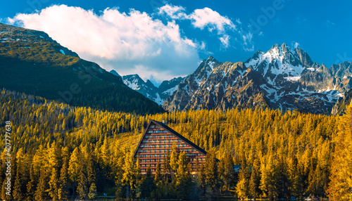 Obraz na płótnie Morning relaxing view on High Tatras mountains ,National park and Strbske pleso (Strbske lake) mountains in Slovakia w salonie