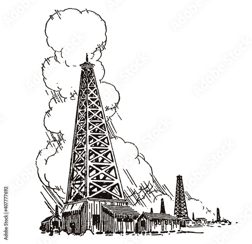 Antique oil drilling derricks in front of massive clouds