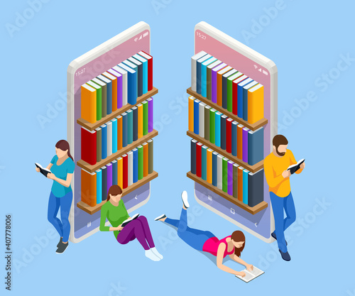 Isometric Online library app for reading, bookstores concept. E-learning from home online studying on smartphone.