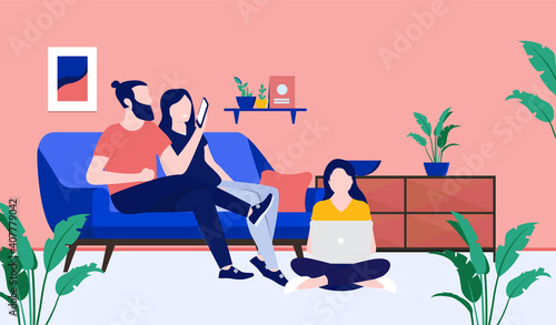 Family using wifi at home - Man woman and teen sitting online with phone and computer. Domestic life concept. Vector illustration.