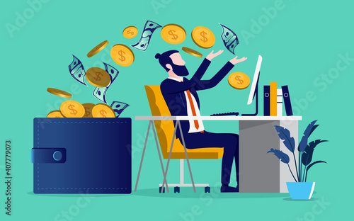 Earning money online - Bearded man working on desk with computer and money flowing from screen to wallet. Vector illustration.