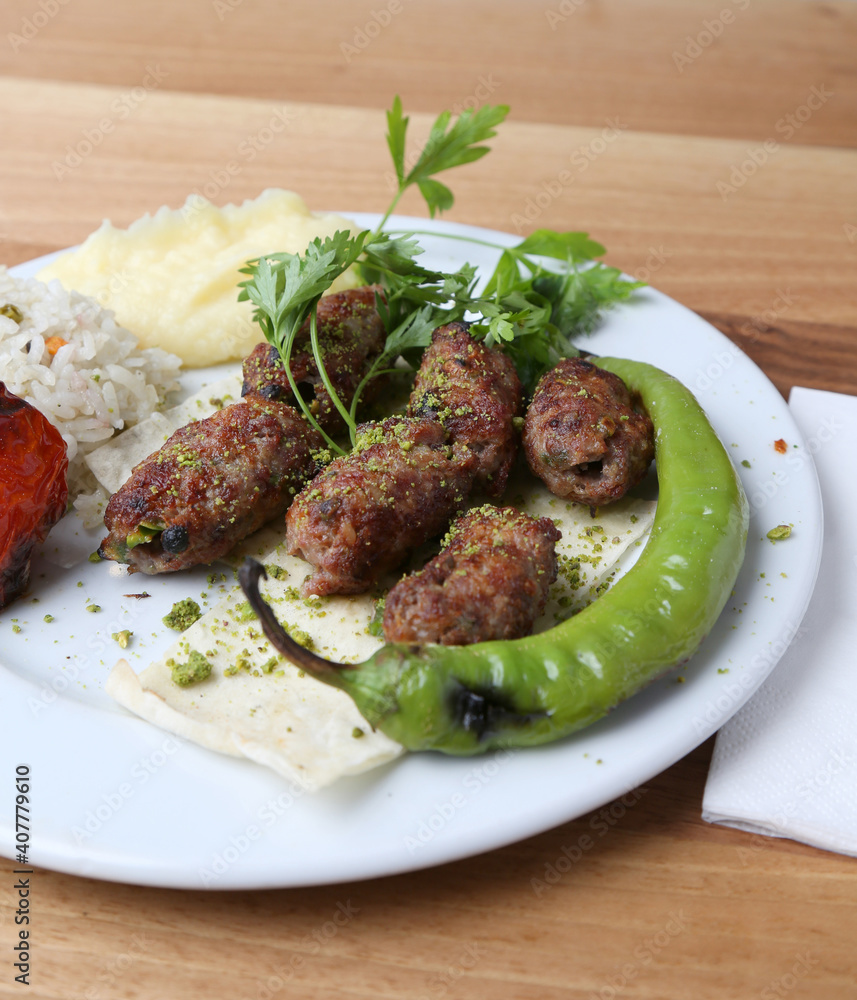 Meatballs with pistachio with rice and mashed potato Meatballs with pistachio with rice and mashed potato