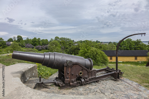 Historic Naval guns of Suomenlinna. Suomenlinna (Sveaborg) - sea fortress, which built gradually from 1748 onwards on a group of islands belonging to Helsinki district. Helsinki, Finland.