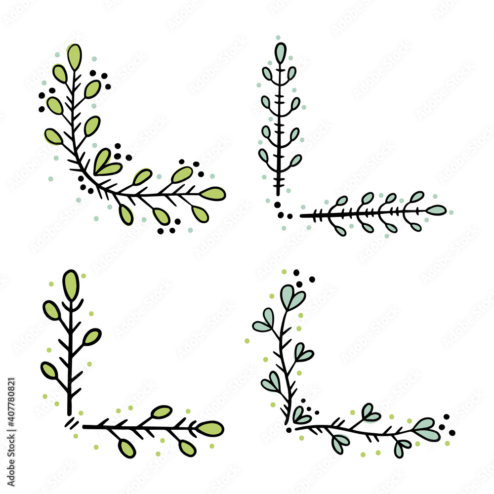 A set of corners for page decoration. Design elements in doodle style. Natural style, branches, plants. Black outline with colored accents on a white background.