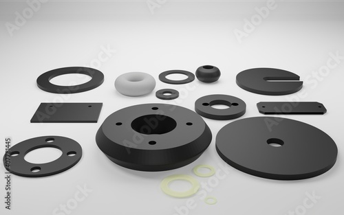 3d rendering Rubber gaskets, industrial materials, machinery spare parts, engineering,