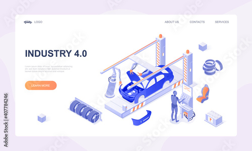 Car factory concept. Automobile plant. Automotive assembly line. Car manufacturing process. Conveyor for assembly of cars. Isometric vector illustration. Website, webpage, landing page template