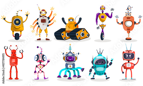Set of happy funny cartoon waving childish robots. Cute kid cyborgs, retro futuristic modern bots, android smiling characters. Flat cartoon vector illustration isolated on white background.
