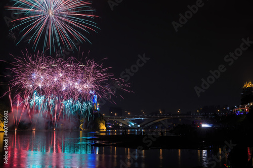 Fireworks near the Bitan Suspension Bridge with fireworks at Xindian District © Kit Leong