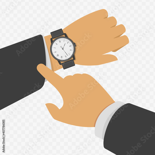 Wristwatch on the hand of businessman in black suit. Vector illustration of time on wrist watch. Man with classic clock checks the time. Hand with modern clock isolated on transparent background.