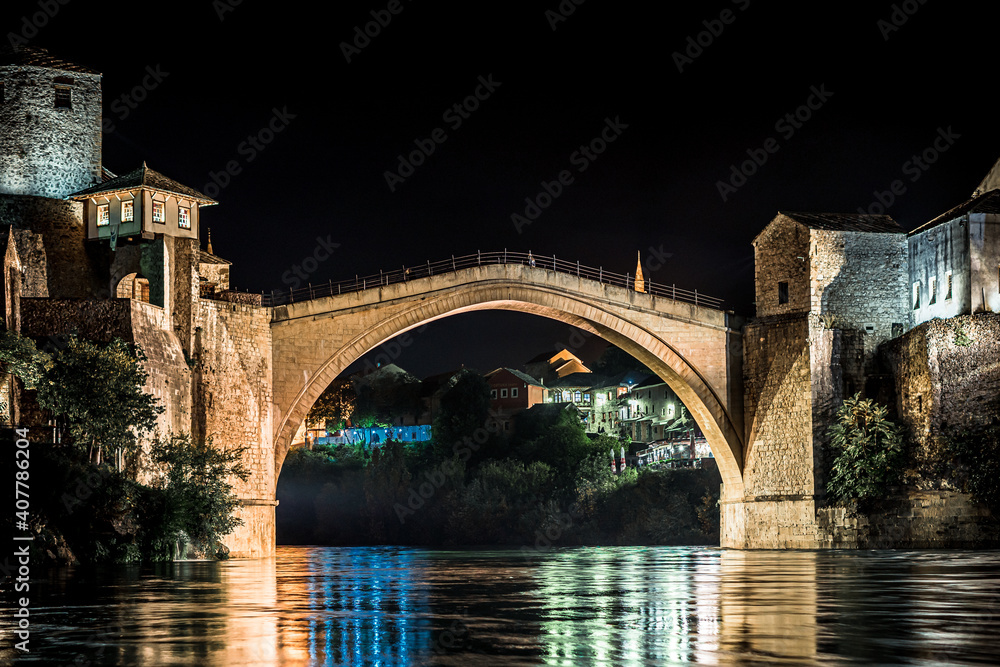 Stari most bridge of Mostar at night