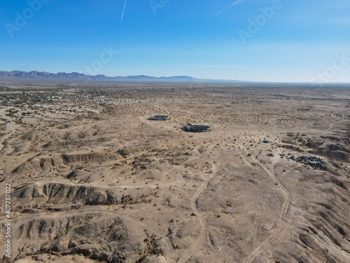 aerial view of Slab City, an unincorporated, off-the-grid squatter community consisting largely of snowbirds in the Salton Trough area of the Sonoran Desert, California, USA. January 16th, 2020