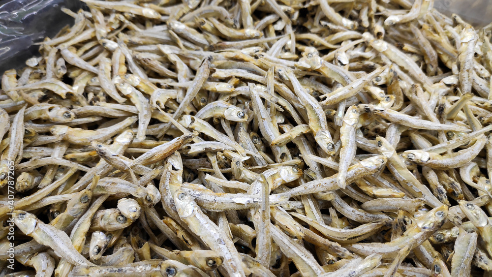 Dried anchovy display on market